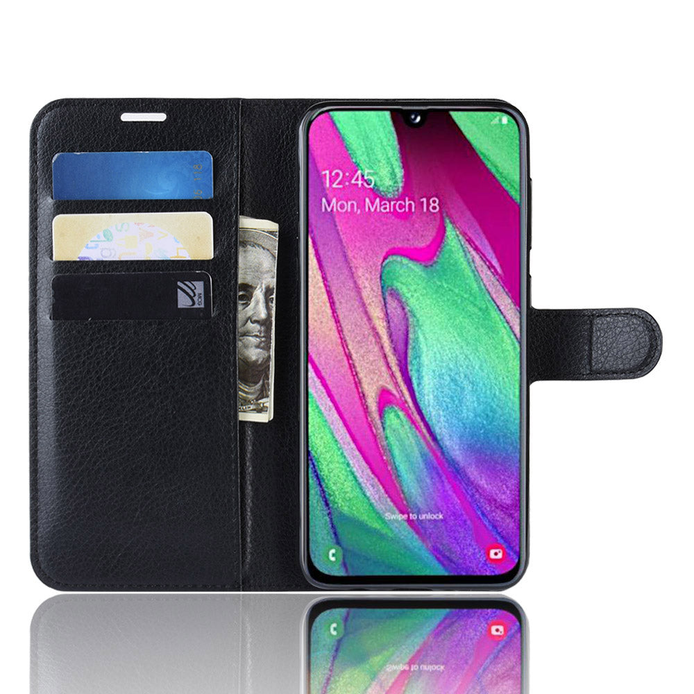 Litchi Skin PU Leather Phone Cover Shell with 3 Card Slots for Samsung Galaxy A40 Cell Phone Accessory