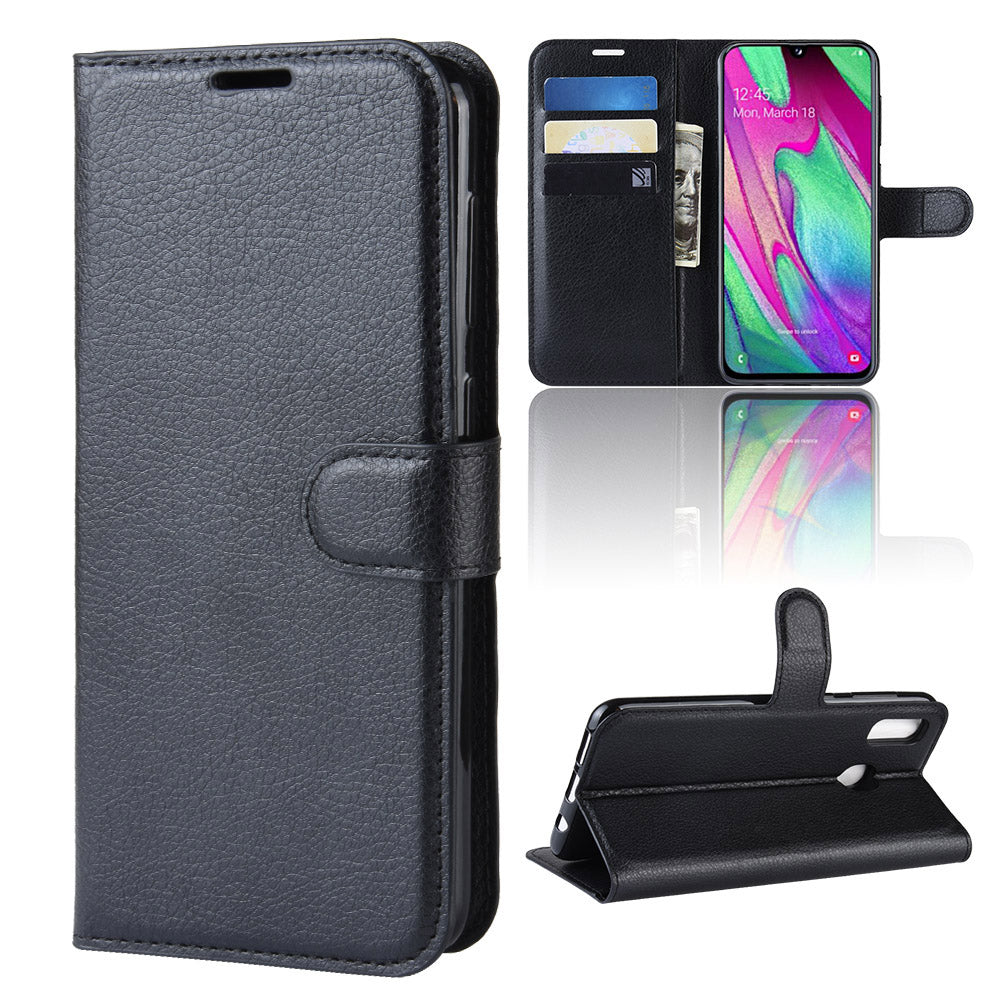 Litchi Skin PU Leather Phone Cover Shell with 3 Card Slots for Samsung Galaxy A40 Cell Phone Accessory