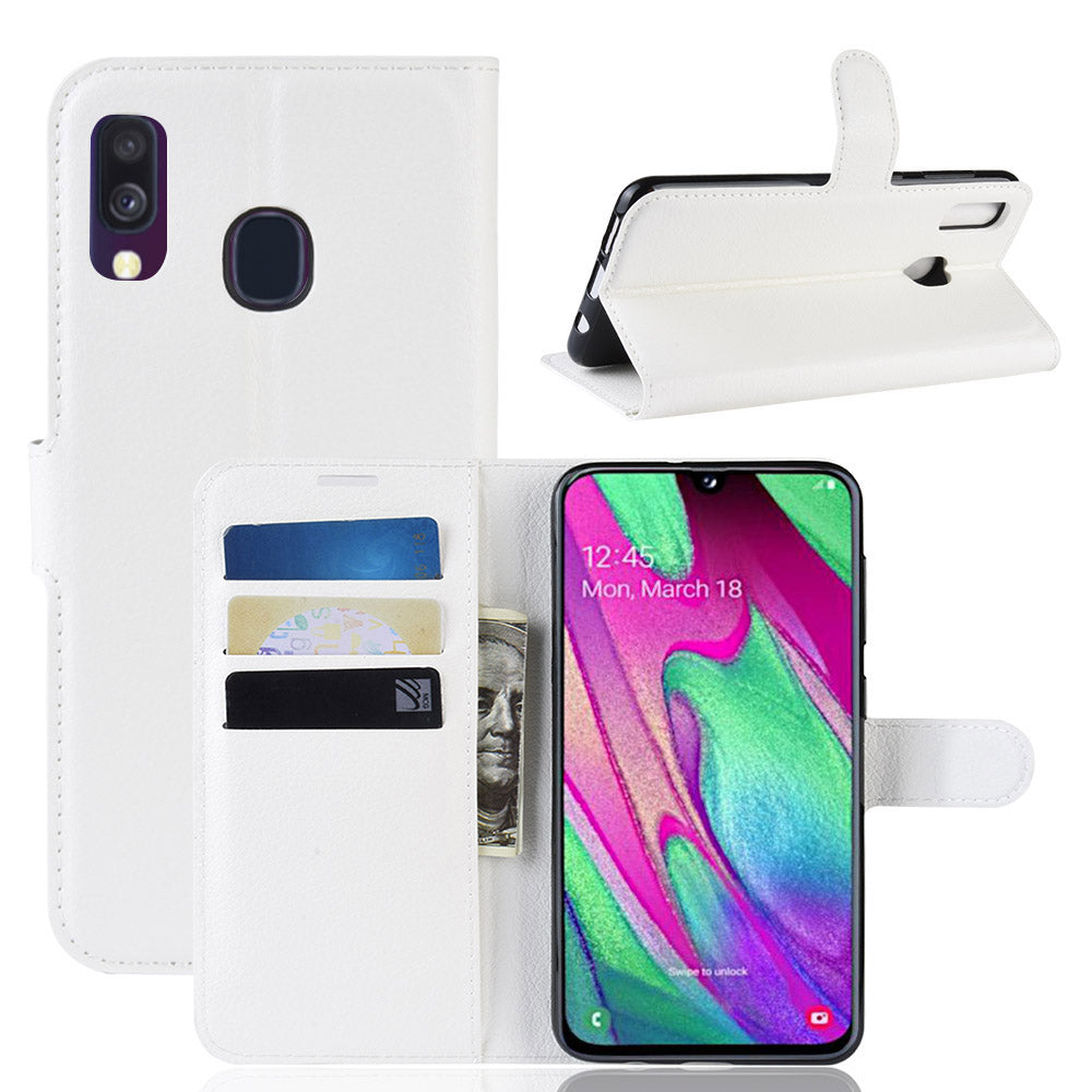 Litchi Skin PU Leather Phone Cover Shell with 3 Card Slots for Samsung Galaxy A40 Cell Phone Accessory