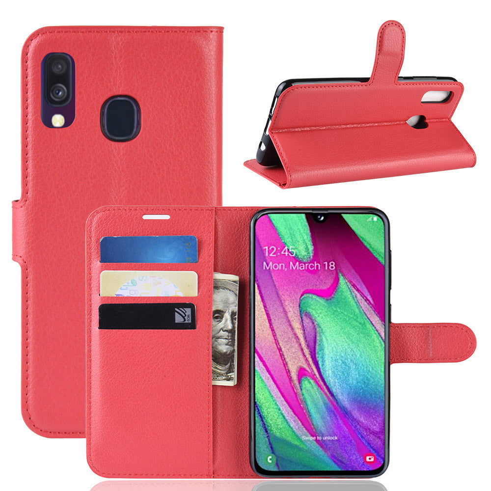 Litchi Skin PU Leather Phone Cover Shell with 3 Card Slots for Samsung Galaxy A40 Cell Phone Accessory
