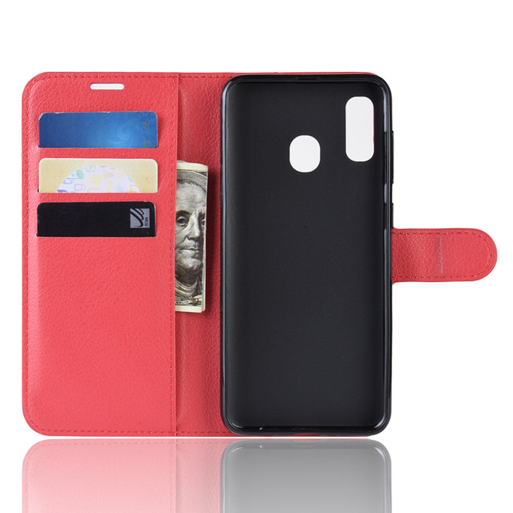Litchi Skin PU Leather Phone Cover Shell with 3 Card Slots for Samsung Galaxy A40 Cell Phone Accessory