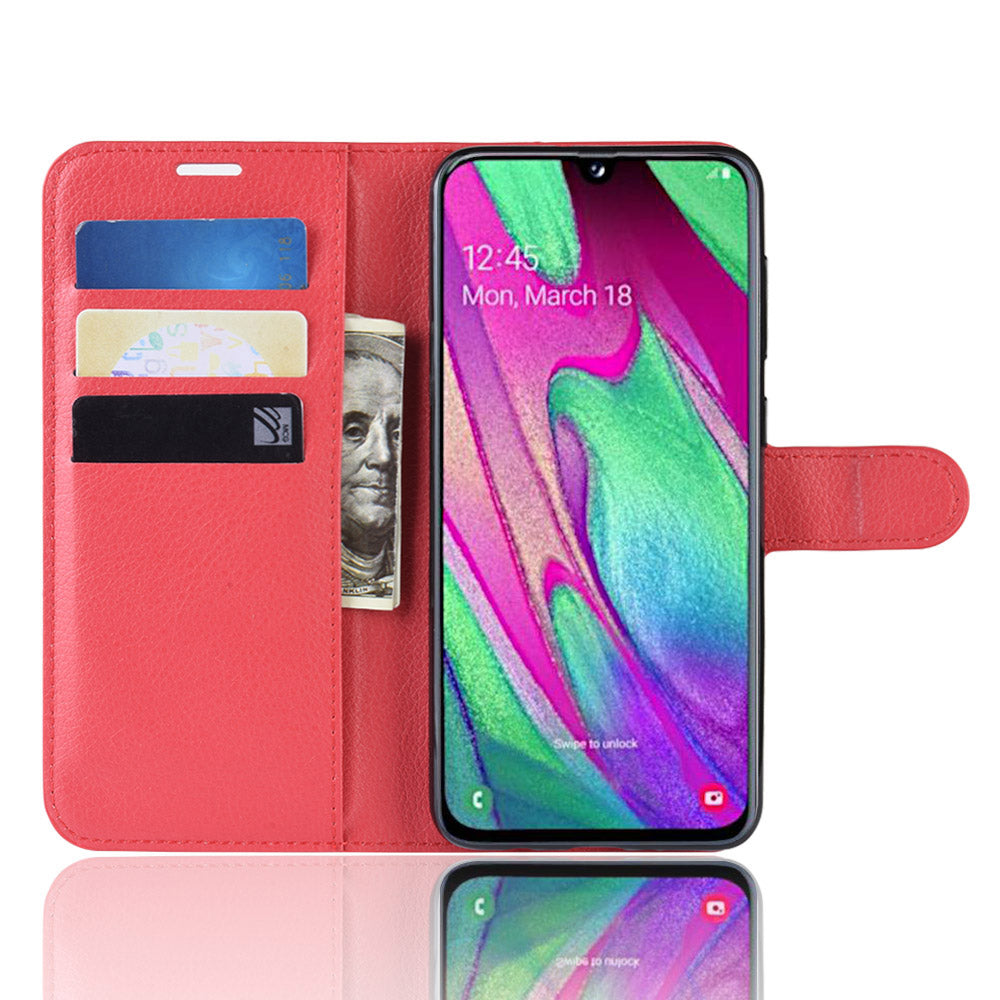 Litchi Skin PU Leather Phone Cover Shell with 3 Card Slots for Samsung Galaxy A40 Cell Phone Accessory