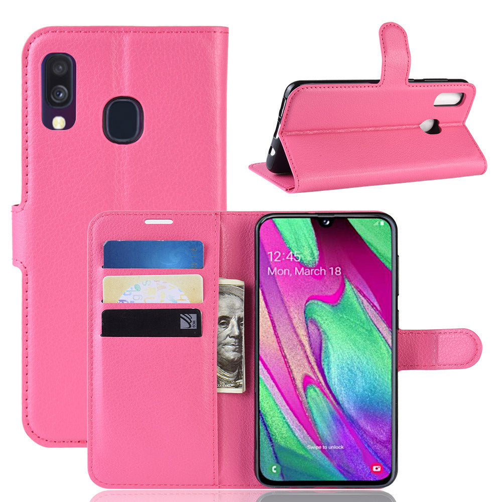 Litchi Skin PU Leather Phone Cover Shell with 3 Card Slots for Samsung Galaxy A40 Cell Phone Accessory