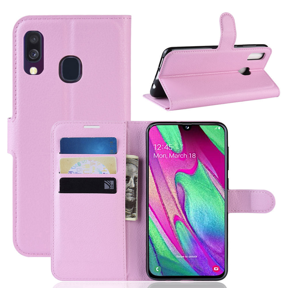 Litchi Skin PU Leather Phone Cover Shell with 3 Card Slots for Samsung Galaxy A40 Cell Phone Accessory