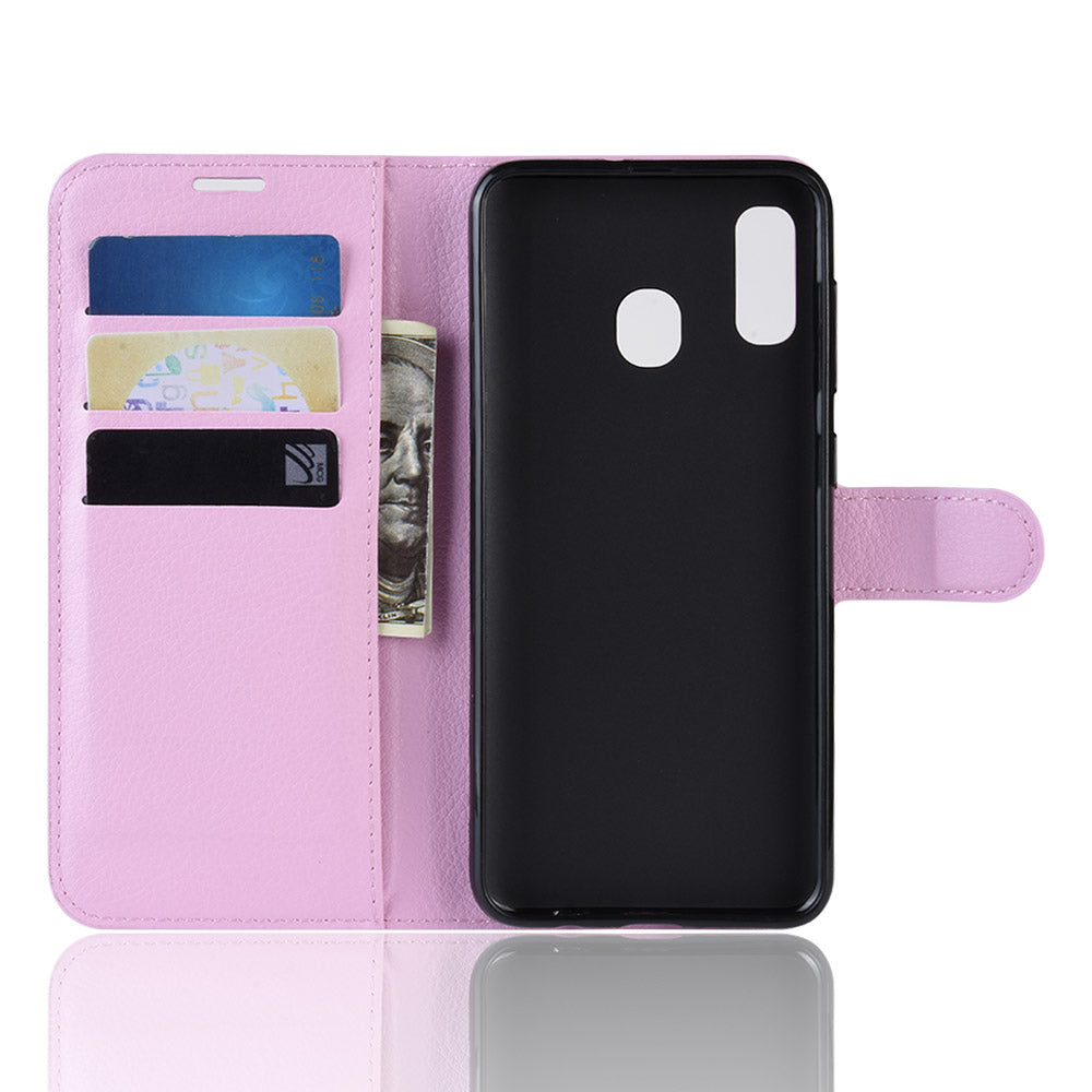 Litchi Skin PU Leather Phone Cover Shell with 3 Card Slots for Samsung Galaxy A40 Cell Phone Accessory