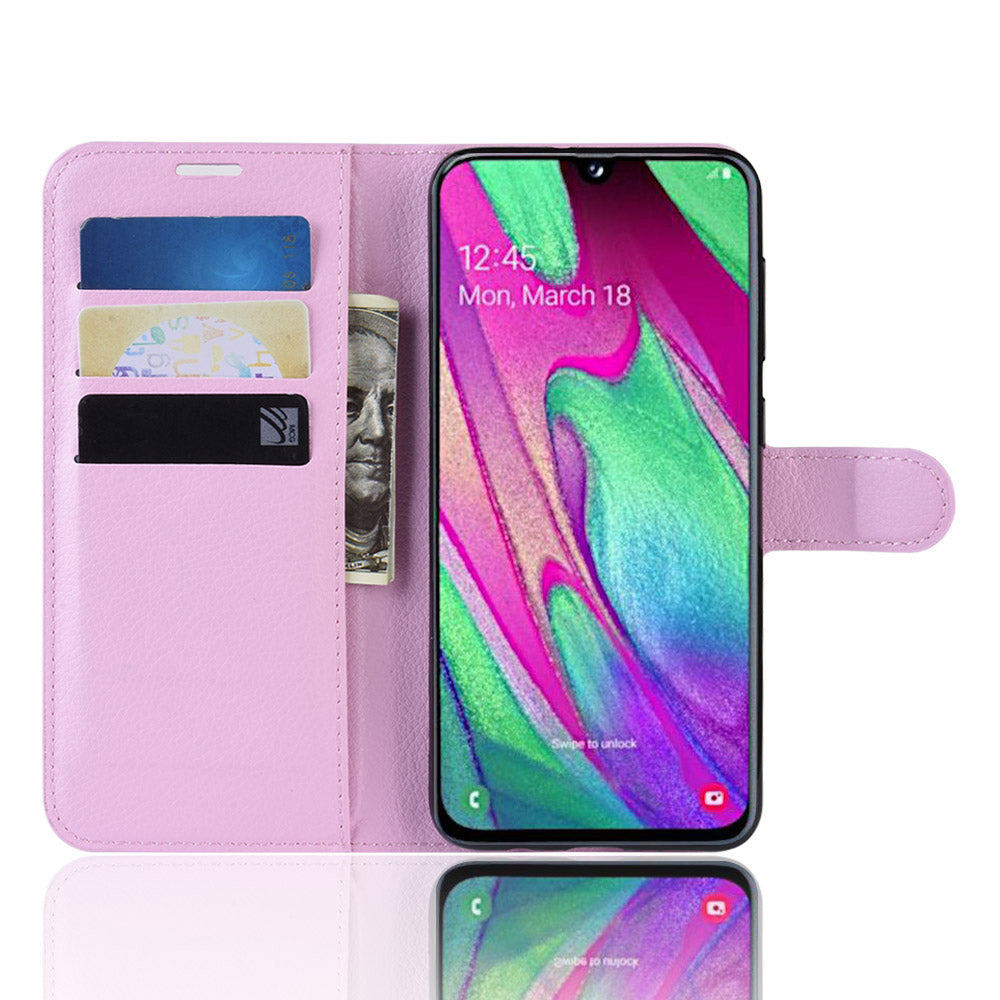 Litchi Skin PU Leather Phone Cover Shell with 3 Card Slots for Samsung Galaxy A40 Cell Phone Accessory