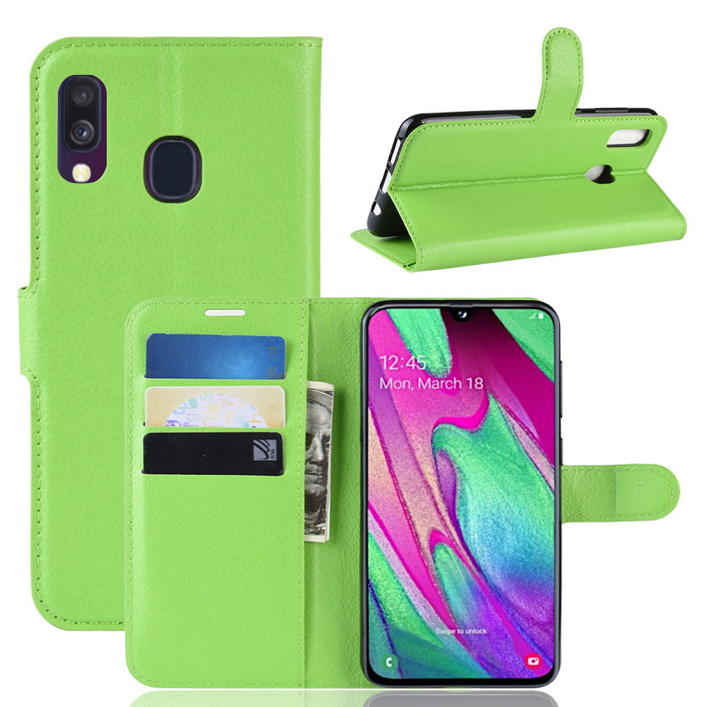 Litchi Skin PU Leather Phone Cover Shell with 3 Card Slots for Samsung Galaxy A40 Cell Phone Accessory
