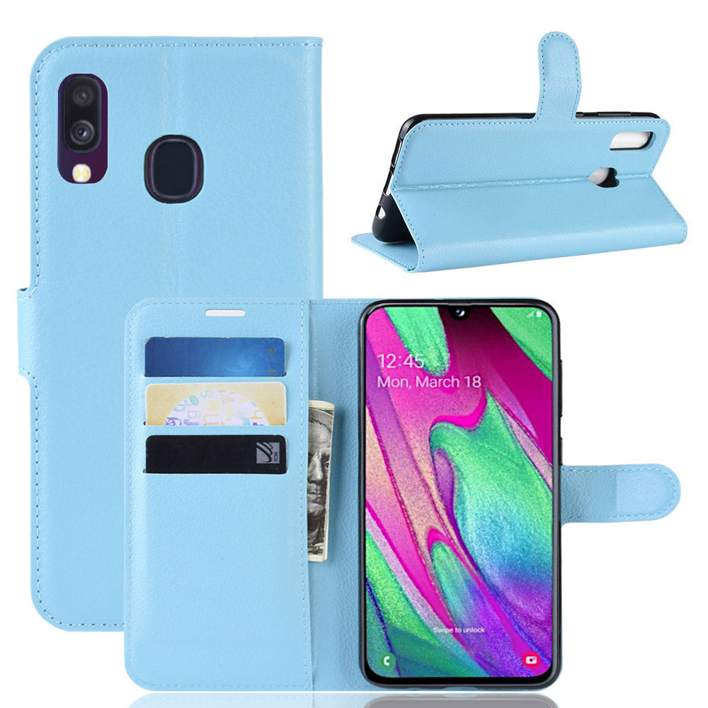 Litchi Skin PU Leather Phone Cover Shell with 3 Card Slots for Samsung Galaxy A40 Cell Phone Accessory