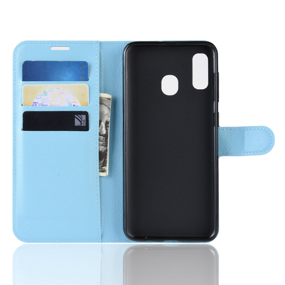 Litchi Skin PU Leather Phone Cover Shell with 3 Card Slots for Samsung Galaxy A40 Cell Phone Accessory