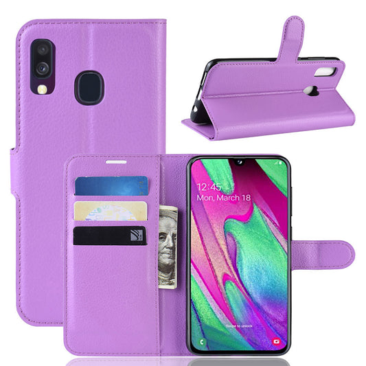 Litchi Skin PU Leather Phone Cover Shell with 3 Card Slots for Samsung Galaxy A40 Cell Phone Accessory