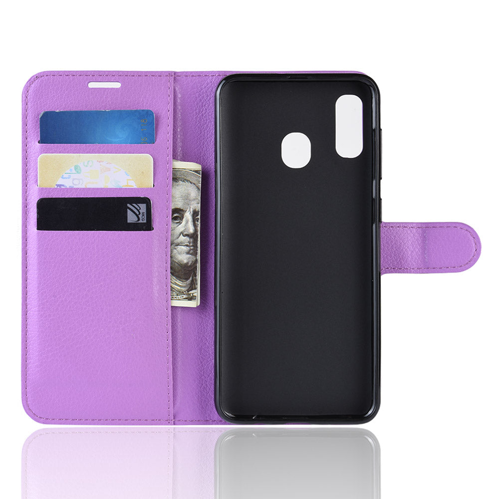 Litchi Skin PU Leather Phone Cover Shell with 3 Card Slots for Samsung Galaxy A40 Cell Phone Accessory