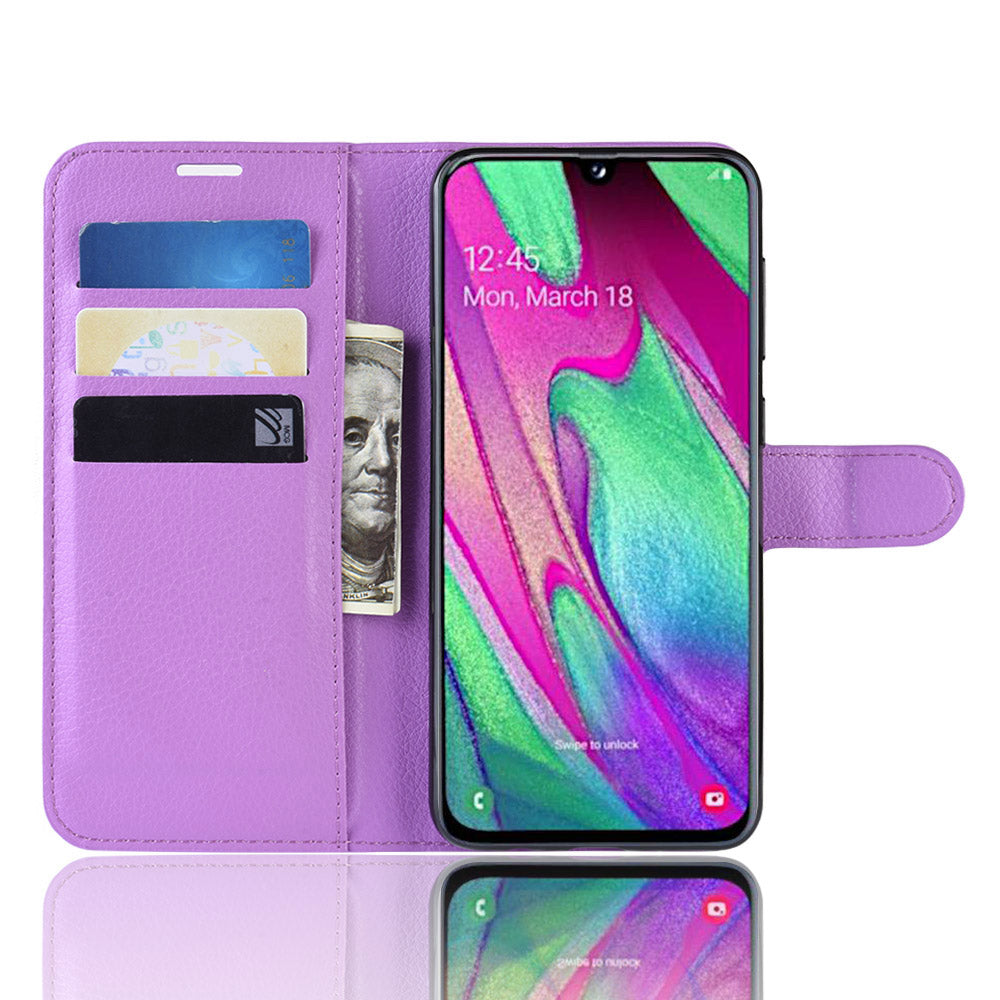Litchi Skin PU Leather Phone Cover Shell with 3 Card Slots for Samsung Galaxy A40 Cell Phone Accessory