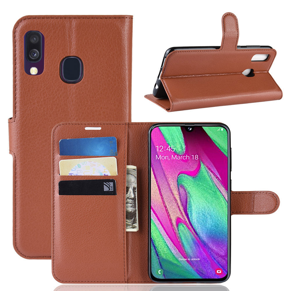 Litchi Skin PU Leather Phone Cover Shell with 3 Card Slots for Samsung Galaxy A40 Cell Phone Accessory