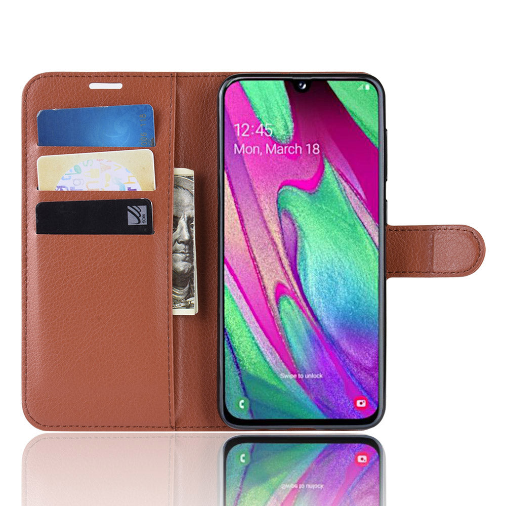 Litchi Skin PU Leather Phone Cover Shell with 3 Card Slots for Samsung Galaxy A40 Cell Phone Accessory