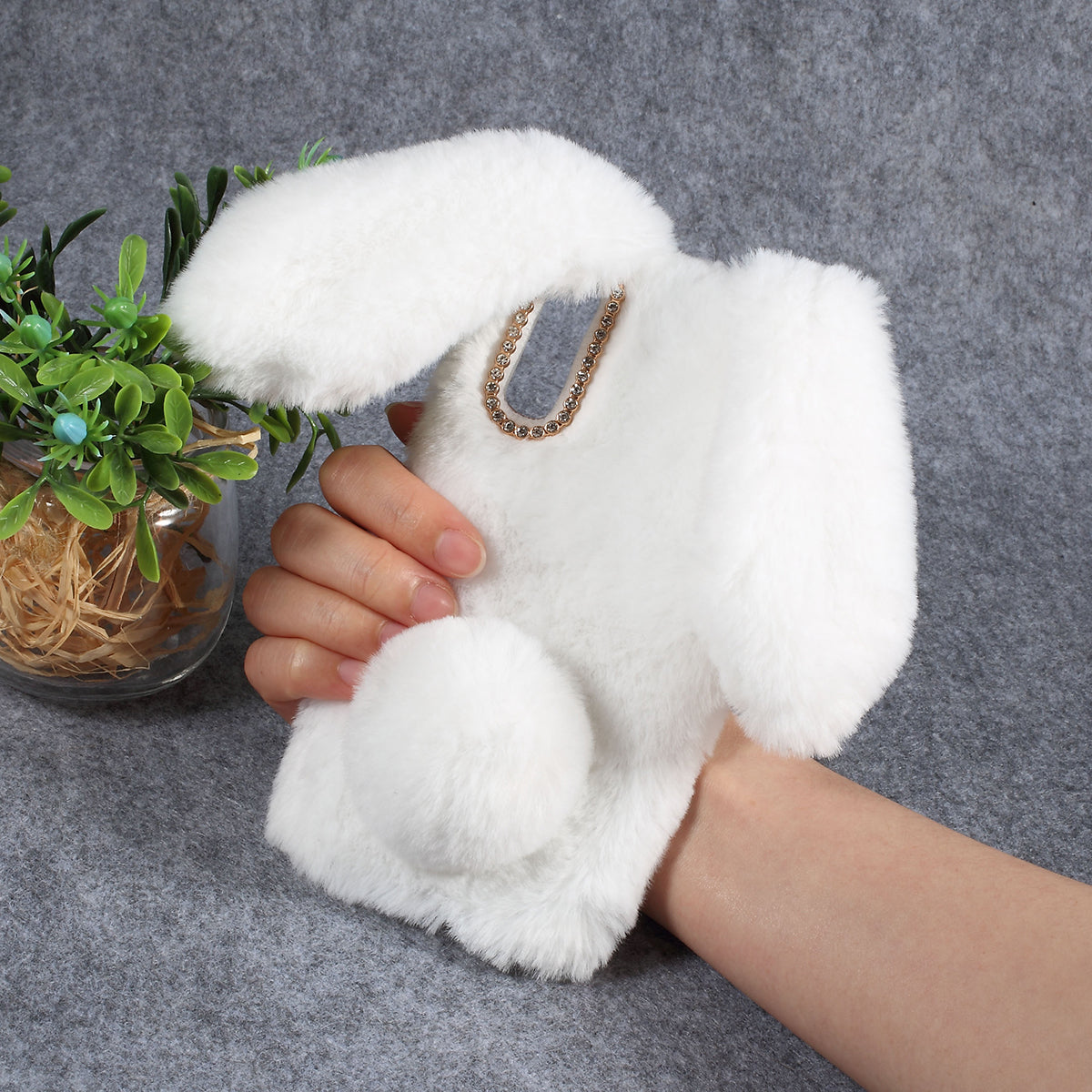 For Samsung Galaxy A50 / A50s / A30s Rabbit Shape Fluffy Fur Coated Rhinestone TPU Mobile Shell