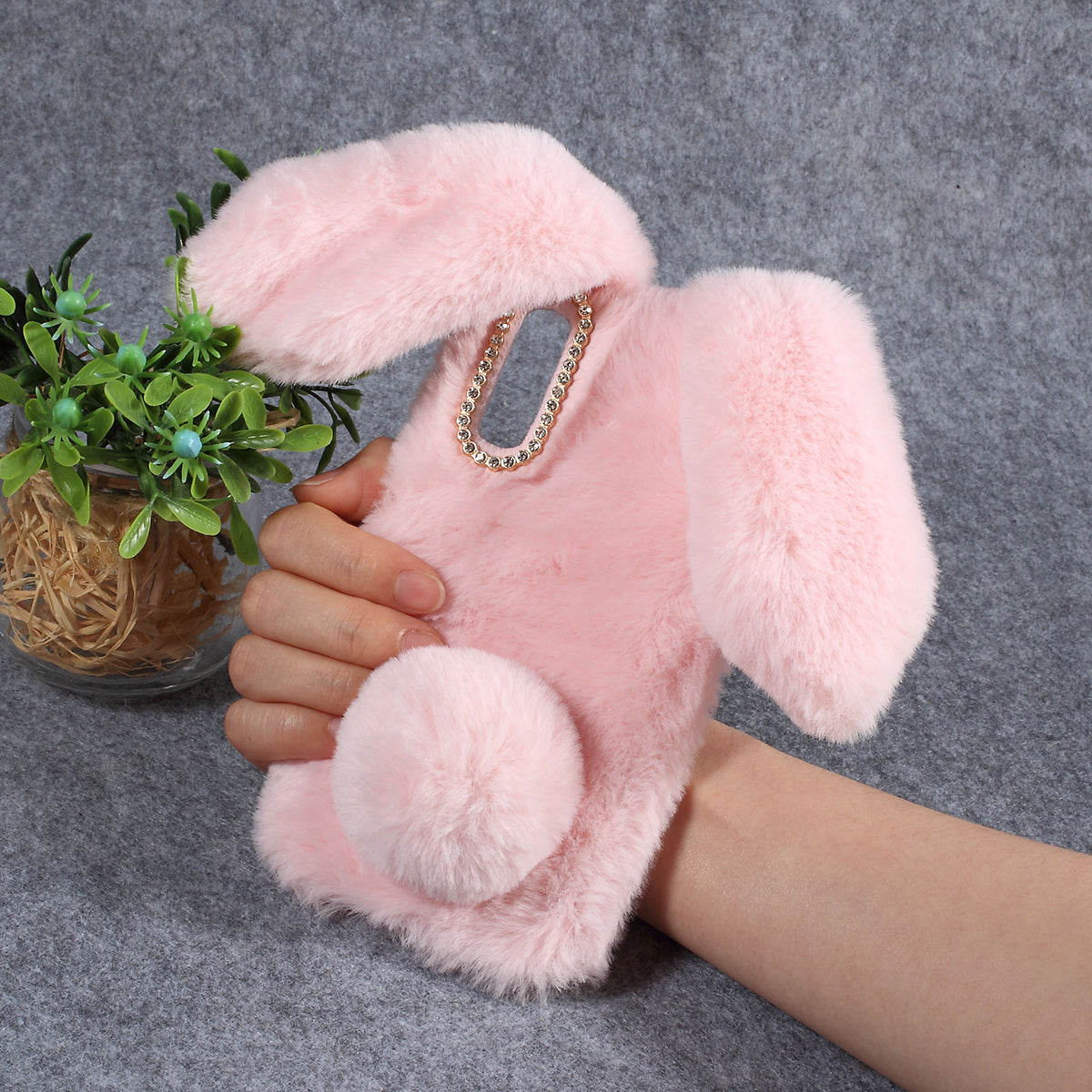 For Samsung Galaxy A50 / A50s / A30s Rabbit Shape Fluffy Fur Coated Rhinestone TPU Mobile Shell