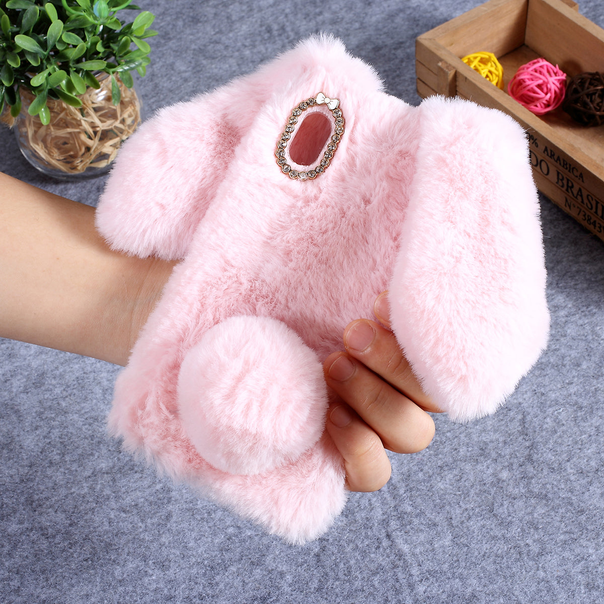 Rabbit Shape Fluffy Fur Coated Rhinestone TPU Case for Samsung Galaxy A10