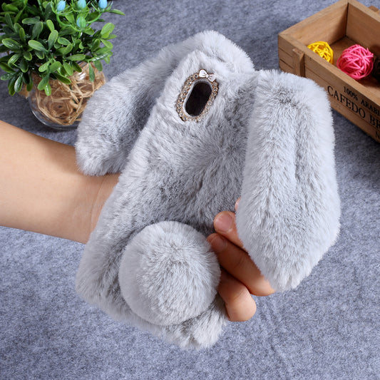 Rabbit Shape Fluffy Fur Coated Rhinestone TPU Case for Samsung Galaxy A10