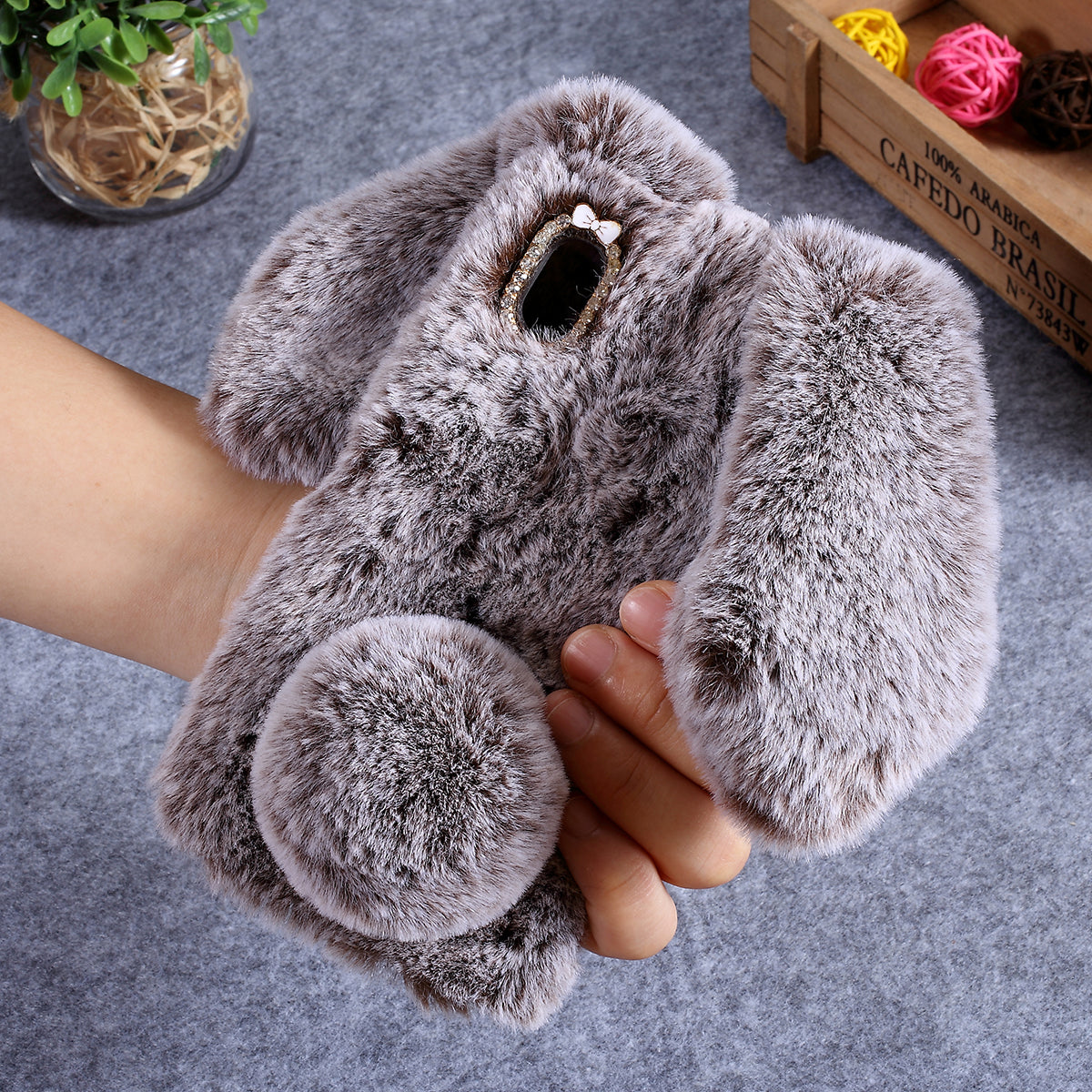 Rabbit Shape Fluffy Fur Coated Rhinestone TPU Case for Samsung Galaxy A10