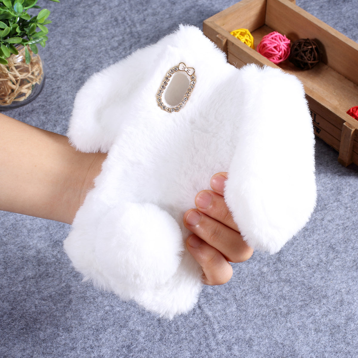 Rabbit Shape Fluffy Fur Coated Rhinestone TPU Case for Samsung Galaxy A10