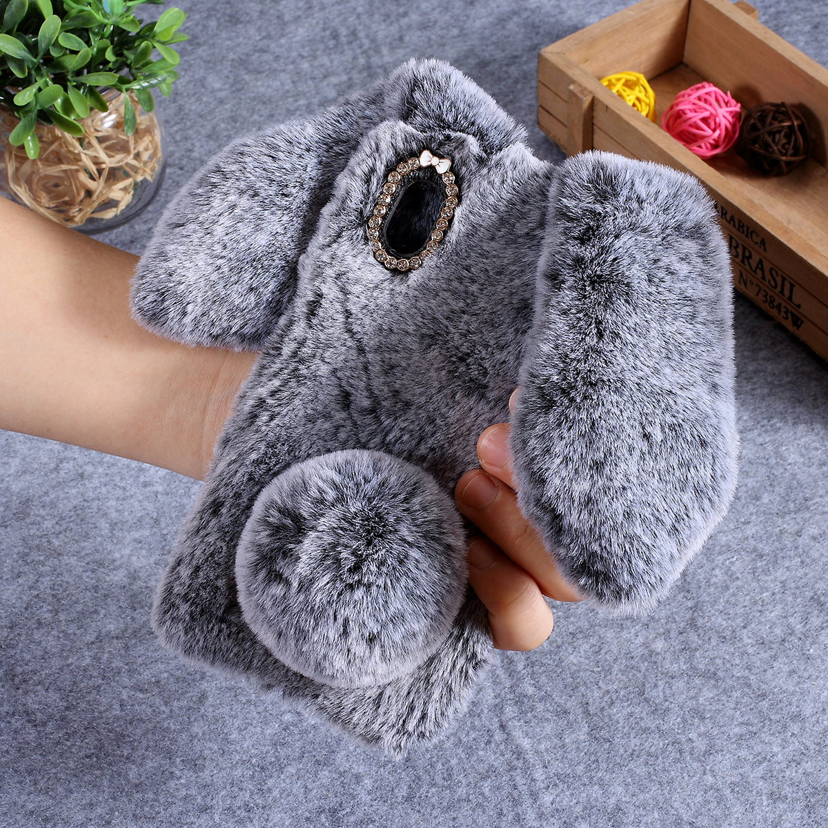 Rabbit Shape Fluffy Fur Coated Rhinestone TPU Case for Samsung Galaxy A10