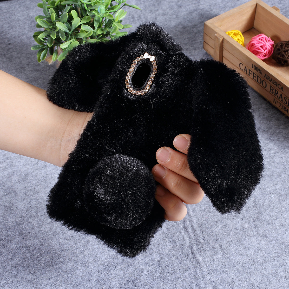 Rabbit Shape Fluffy Fur Coated Rhinestone TPU Case for Samsung Galaxy A10