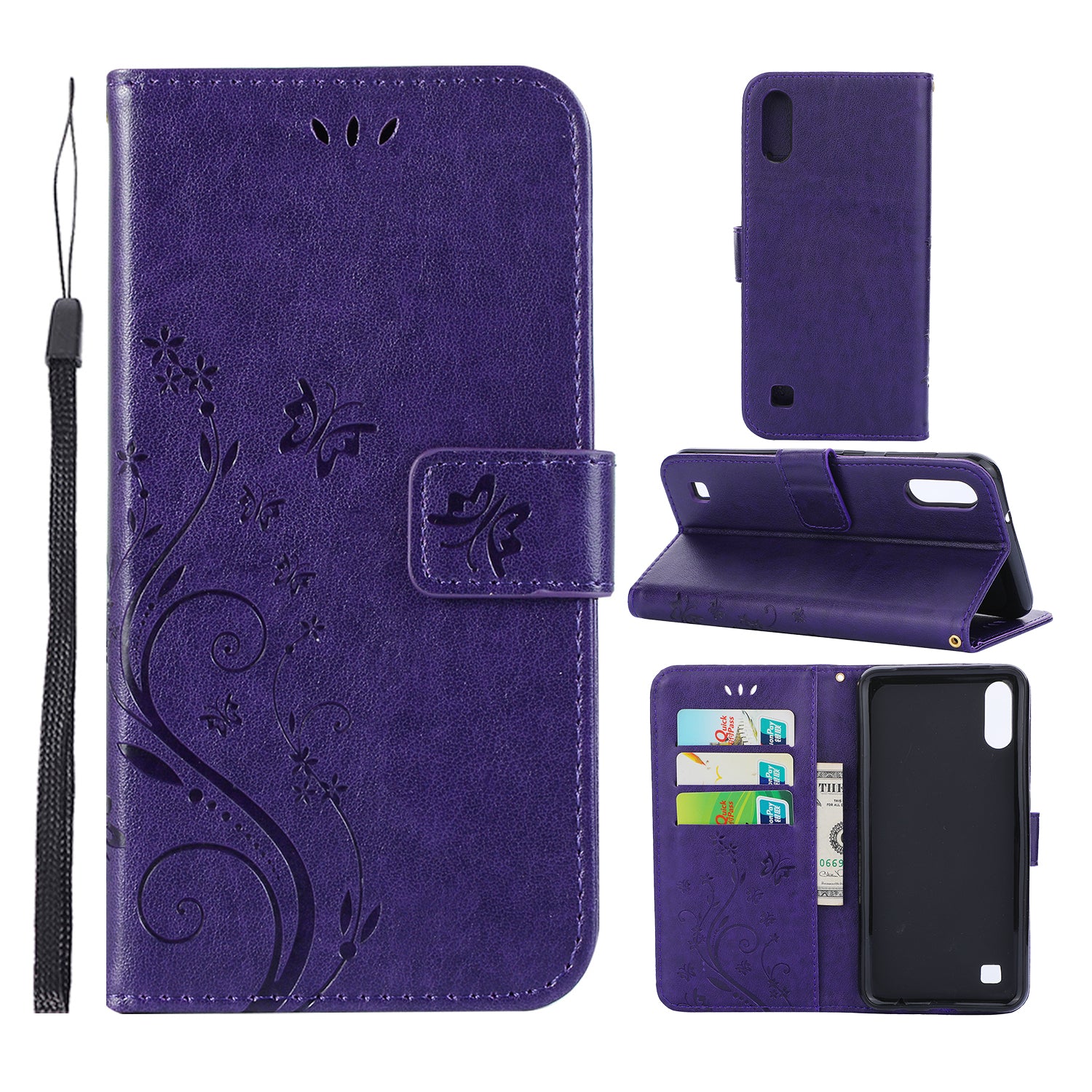 Imprint Butterfly Flower Leather Wallet Case for Samsung Galaxy A10