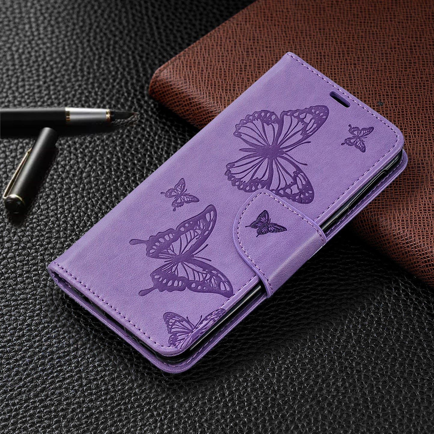 For Samsung Galaxy A40 PU Leather Imprint Butterflies Phone Case