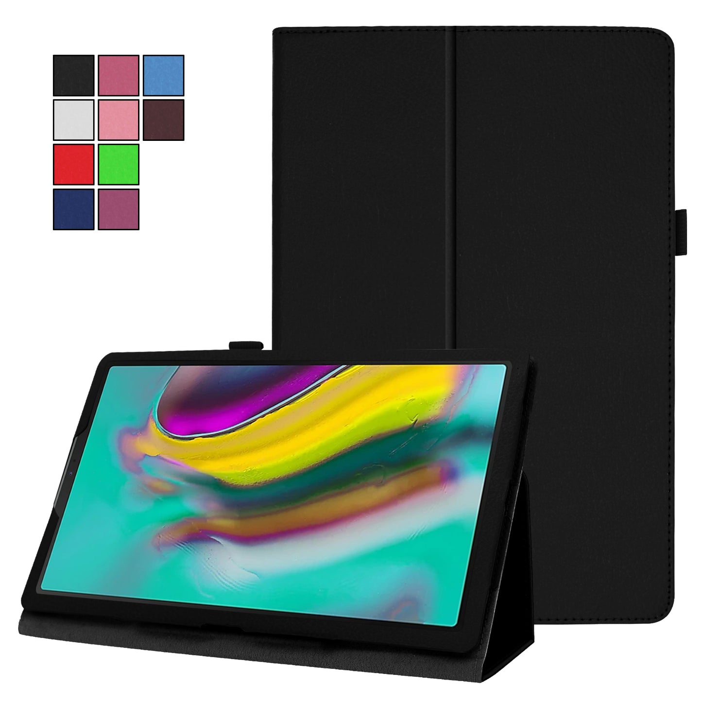 Litchi Texture Leather Case for Samsung Galaxy Tab A 10.1 (2019) Scratch Resistant Dual-fold Stand Flip Tablet Cover with Elastic Strap