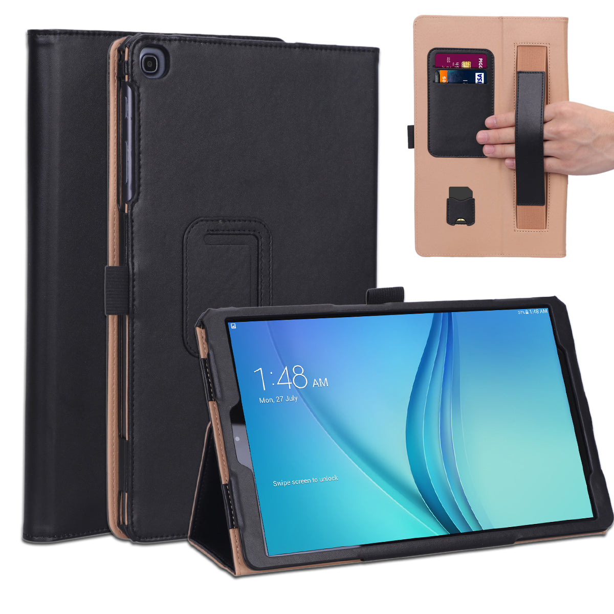 Card Holder Stand PU Leather Tablet Case for Samsung Galaxy Tab A 10.1 (2019) T510/T515 [with Elastic Hand Strap]