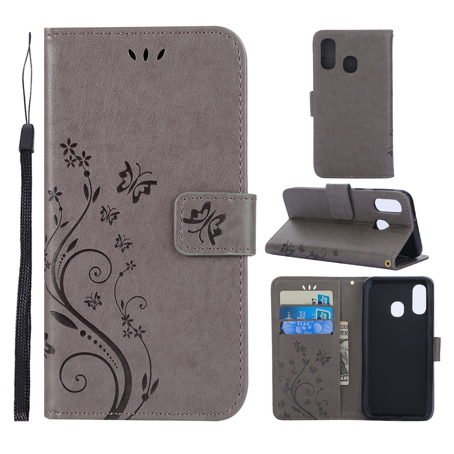 For Samsung Galaxy A40 Imprint Butterfly Flower Leather Wallet Case Cover Phone