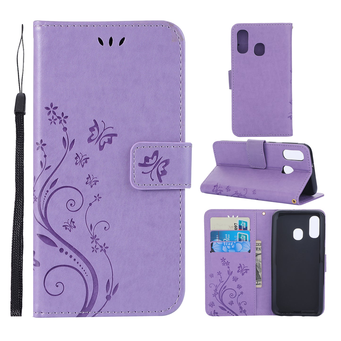 For Samsung Galaxy A40 Imprint Butterfly Flower Leather Wallet Case Cover Phone