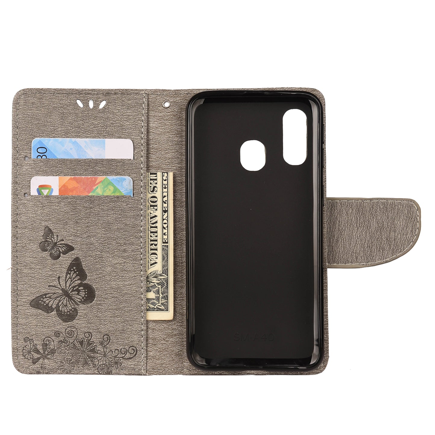 Imprint Butterfly Flower Leather Wallet Cell Phone Case for Samsung Galaxy A40