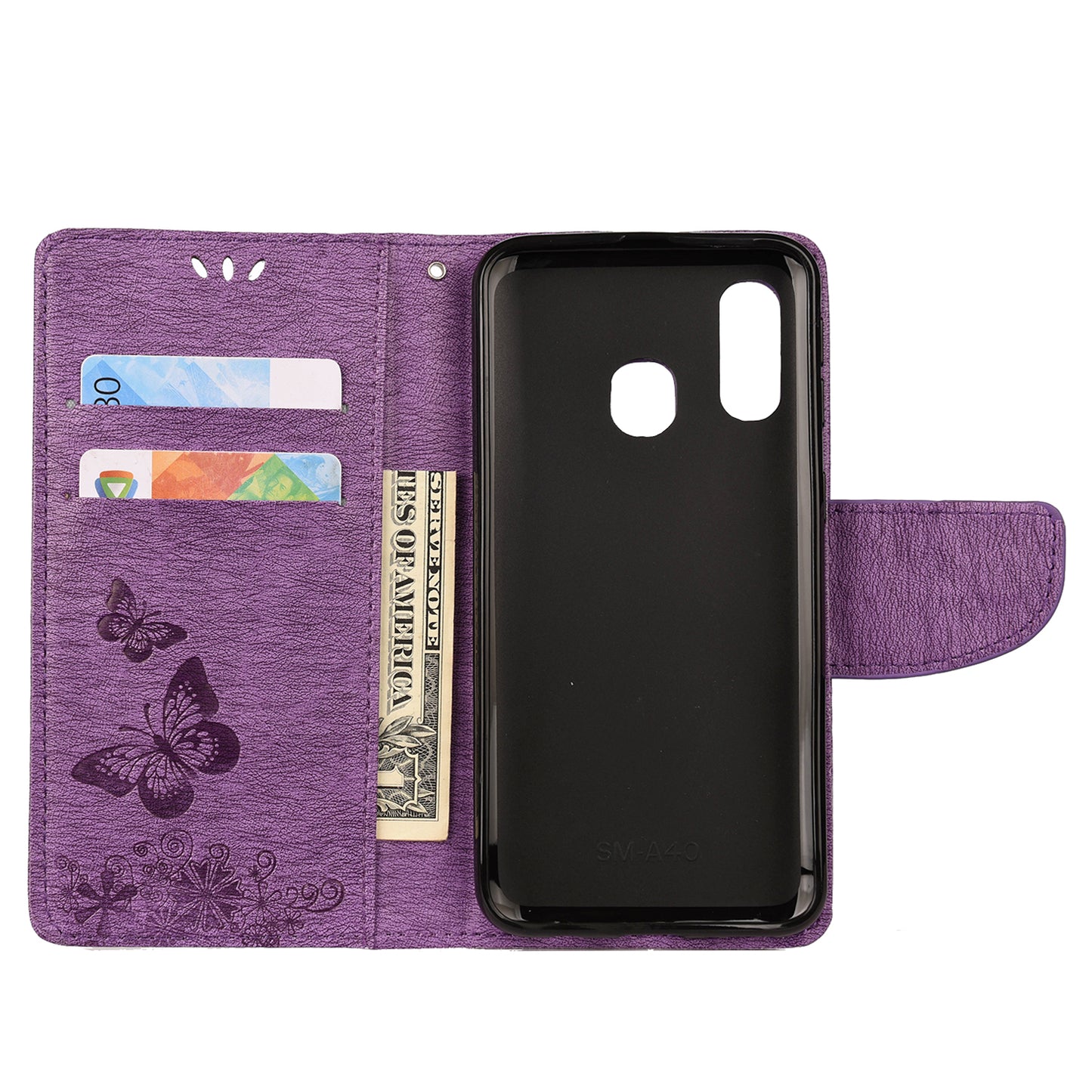 Imprint Butterfly Flower Leather Wallet Cell Phone Case for Samsung Galaxy A40