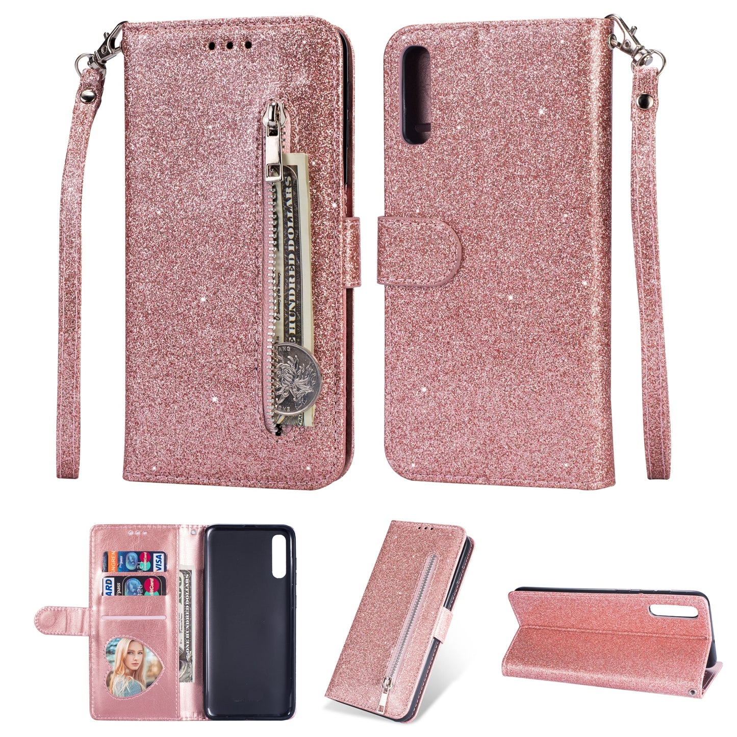 Glitter Powder Zippered Stand Leather Wallet Case with Strap for Samsung Galaxy A70