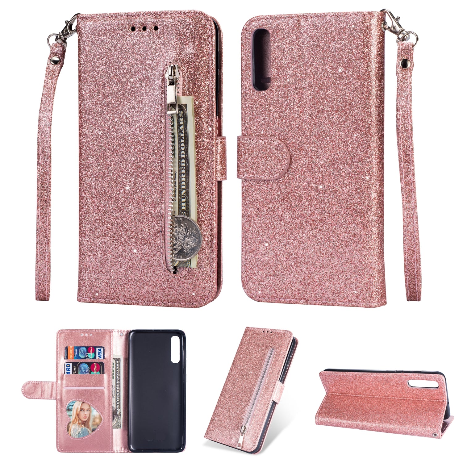 Glitter Powder Zippered Stand Leather Wallet Case with Strap for Samsung Galaxy A70