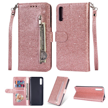 Glitter Powder Zippered Stand Leather Wallet Case with Strap for Samsung Galaxy A70