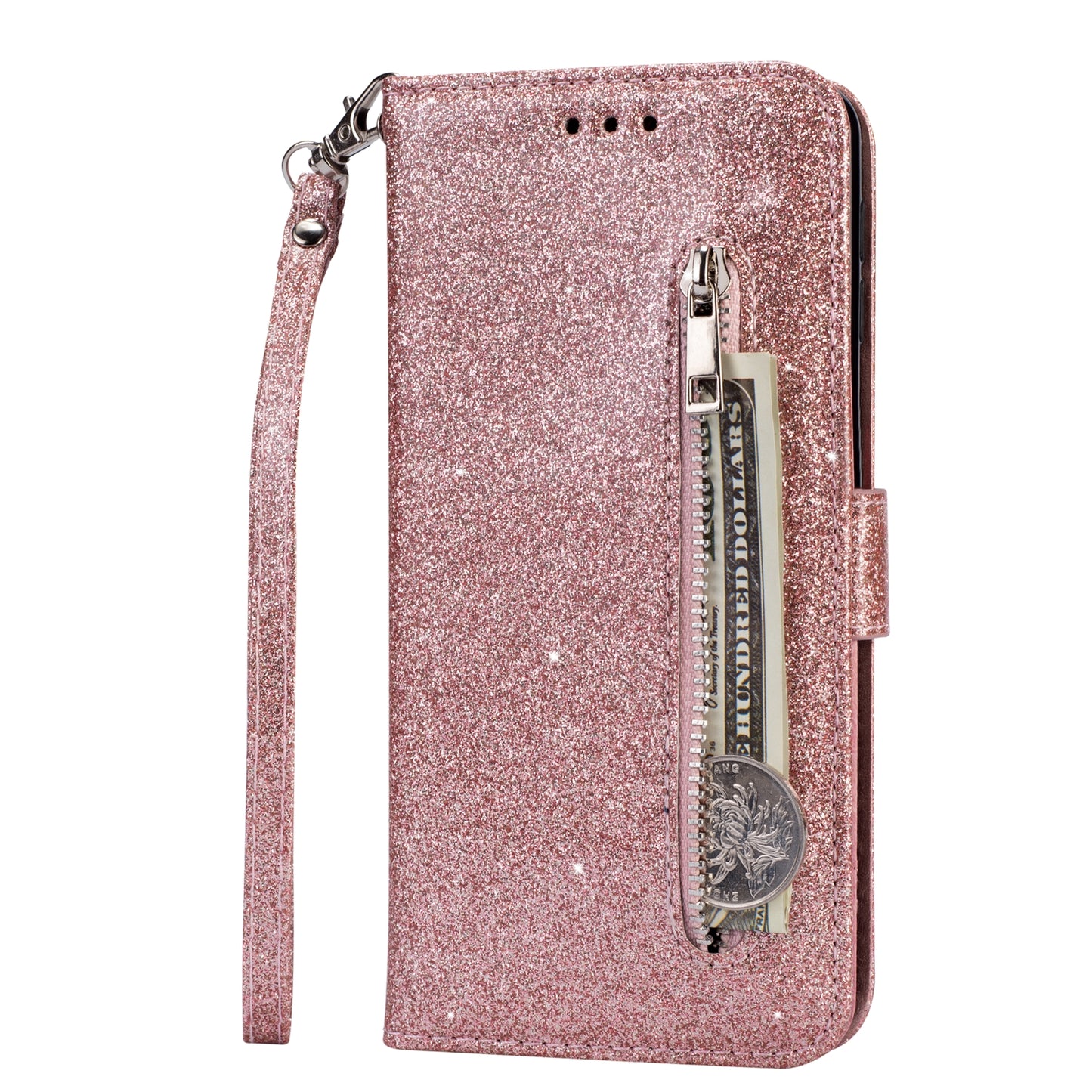 Glitter Powder Zippered Stand Leather Wallet Case with Strap for Samsung Galaxy A70