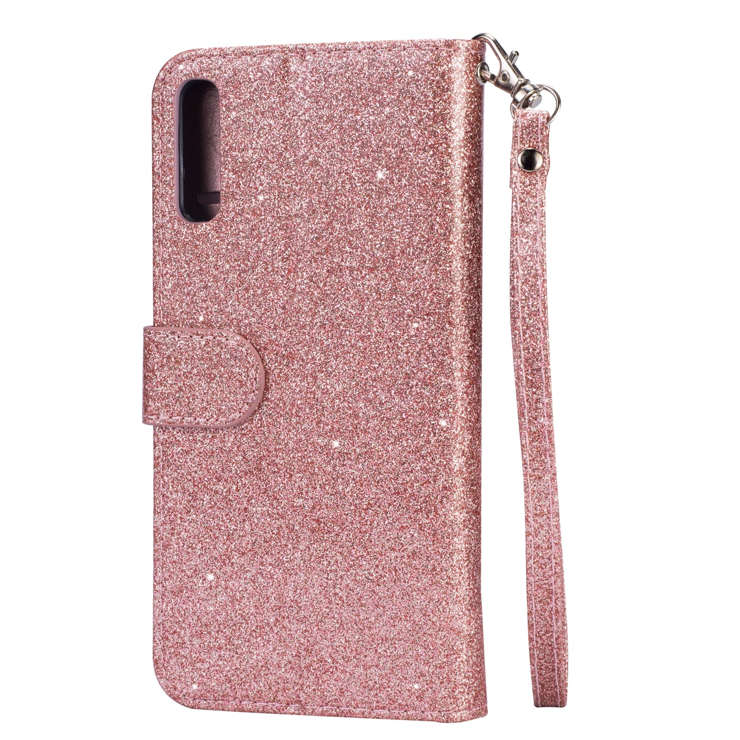 Glitter Powder Zippered Stand Leather Wallet Case with Strap for Samsung Galaxy A70