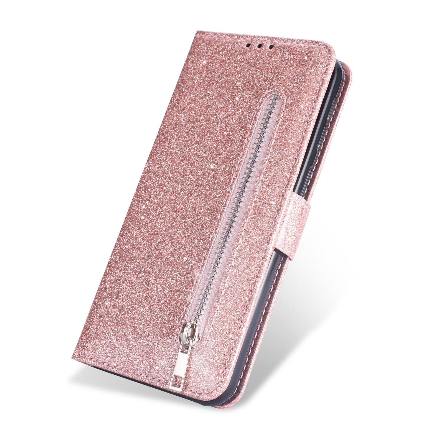 Glitter Powder Zippered Stand Leather Wallet Case with Strap for Samsung Galaxy A70