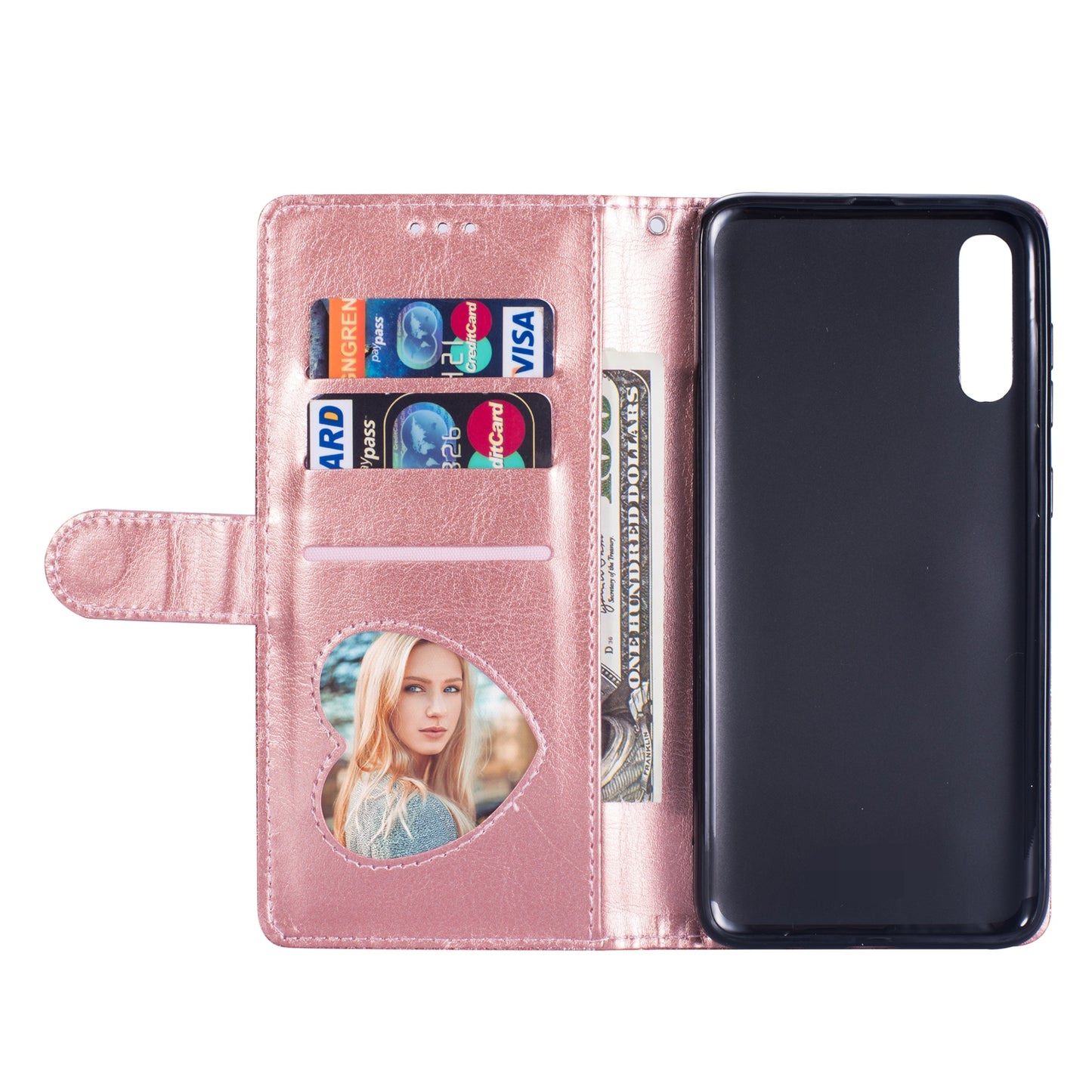 Glitter Powder Zippered Stand Leather Wallet Case with Strap for Samsung Galaxy A70