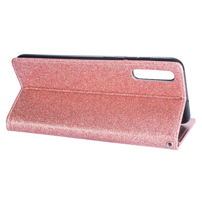Glitter Powder Zippered Stand Leather Wallet Case with Strap for Samsung Galaxy A70