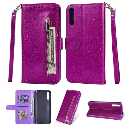 Glitter Powder Zippered Stand Leather Wallet Case with Strap for Samsung Galaxy A70