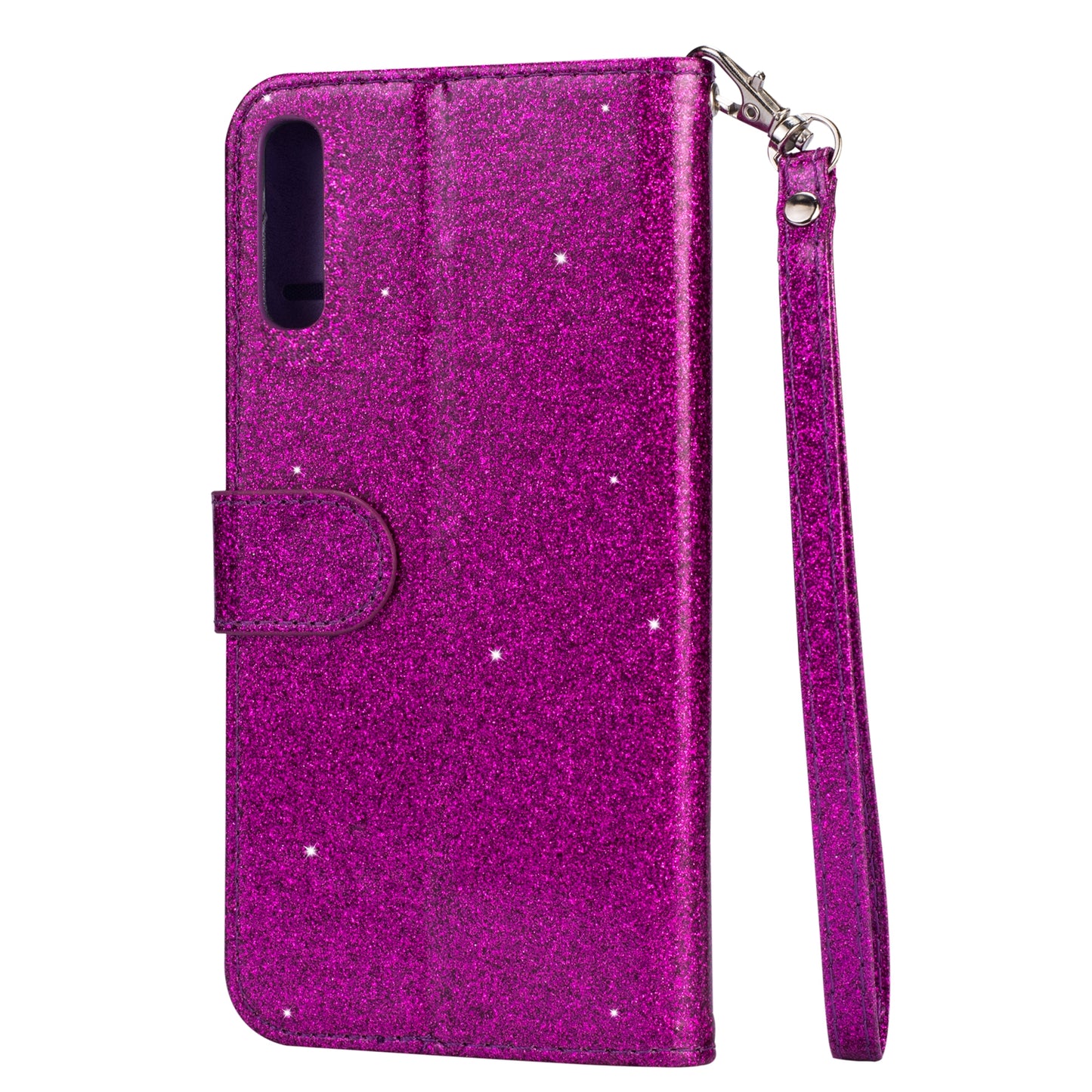 Glitter Powder Zippered Stand Leather Wallet Case with Strap for Samsung Galaxy A70