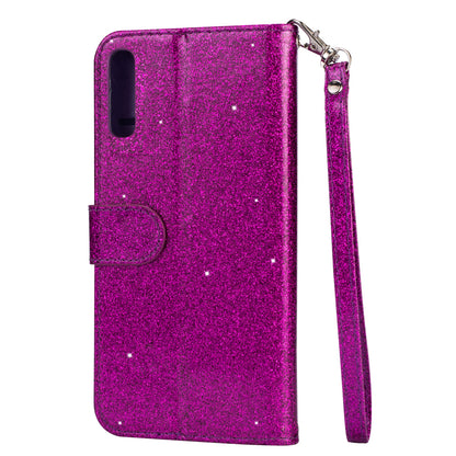 Glitter Powder Zippered Stand Leather Wallet Case with Strap for Samsung Galaxy A70