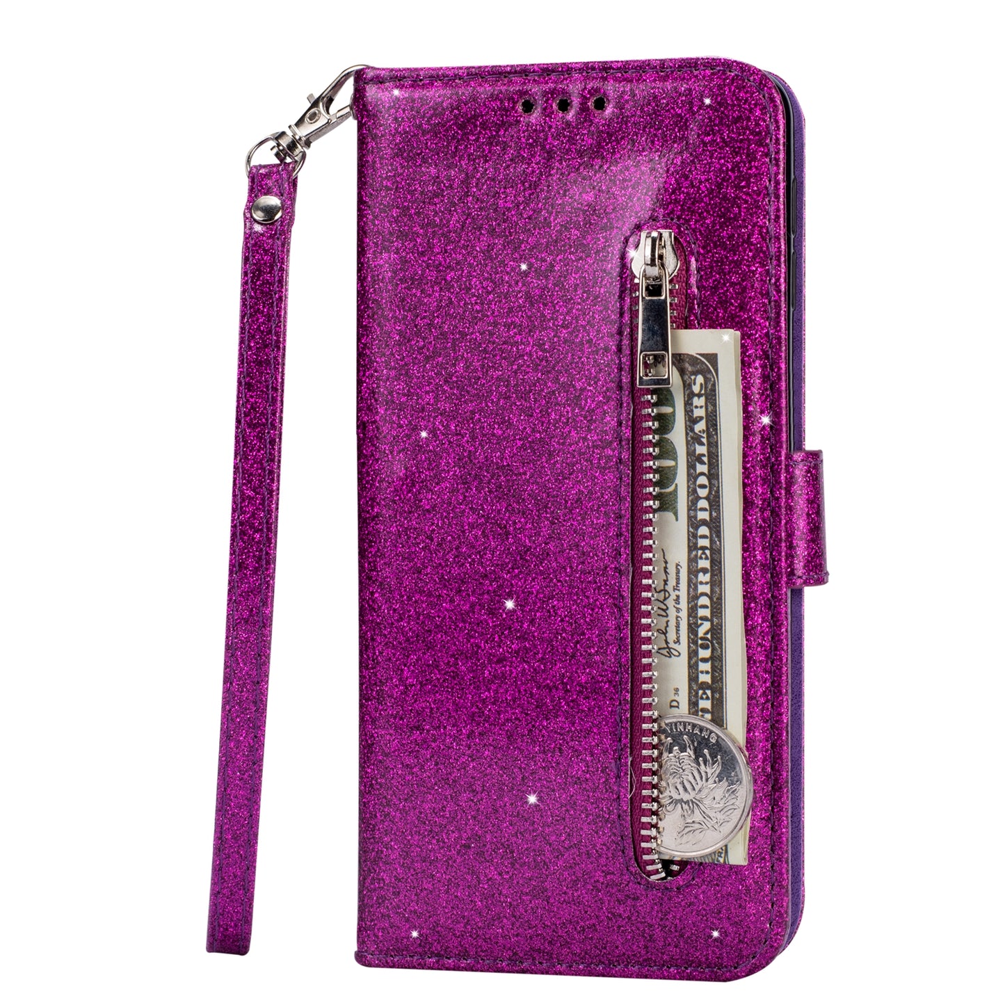 Glitter Powder Zippered Stand Leather Wallet Case with Strap for Samsung Galaxy A70