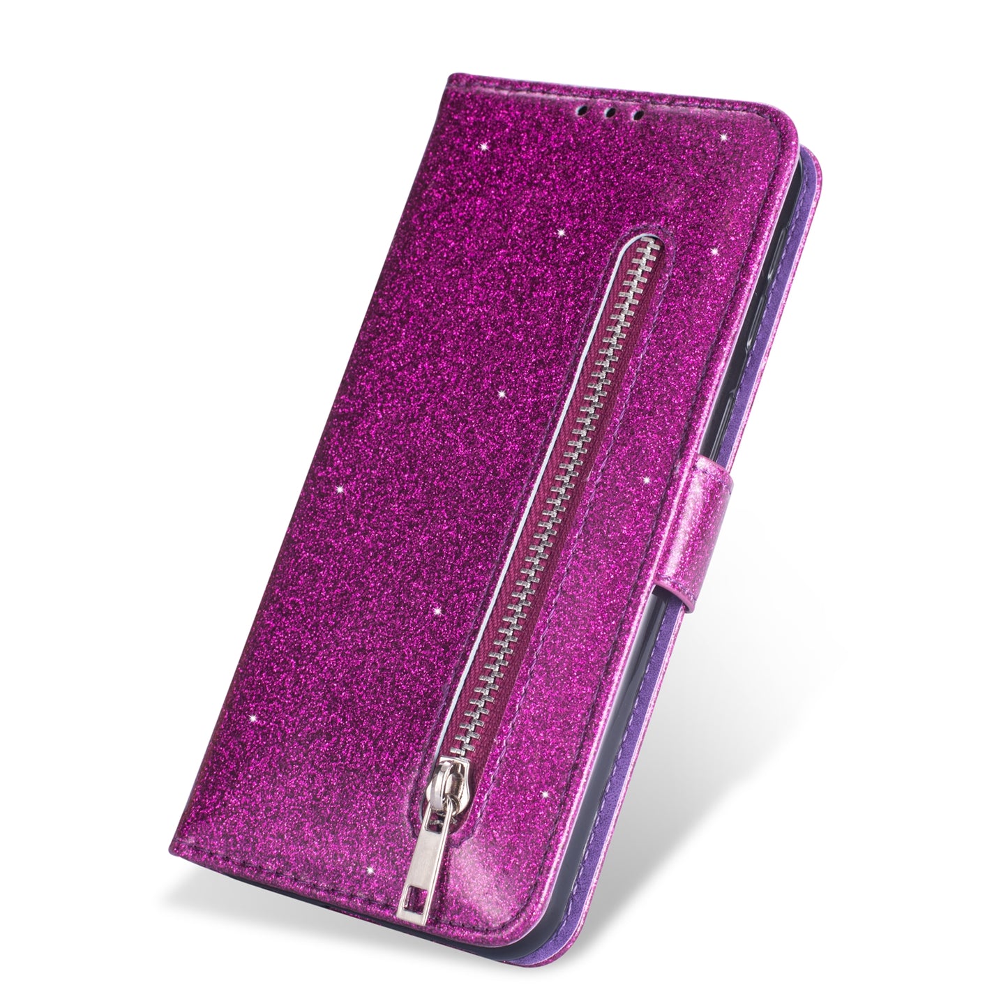 Glitter Powder Zippered Stand Leather Wallet Case with Strap for Samsung Galaxy A70