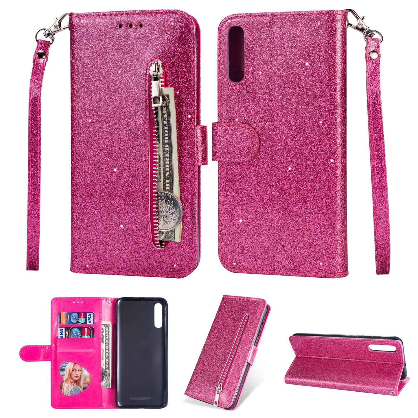Glitter Powder Zippered Stand Leather Wallet Case with Strap for Samsung Galaxy A70