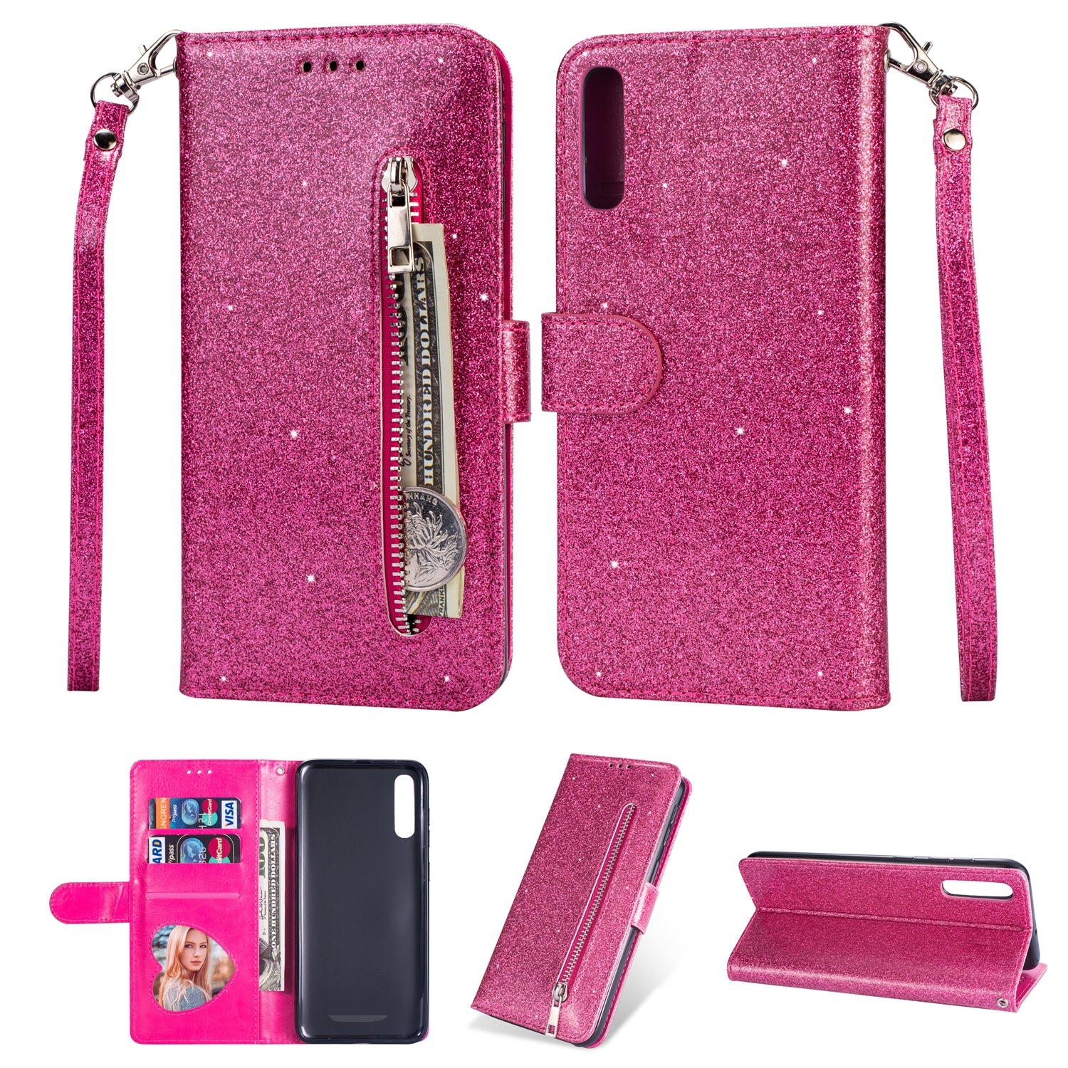 Glitter Powder Zippered Stand Leather Wallet Case with Strap for Samsung Galaxy A70