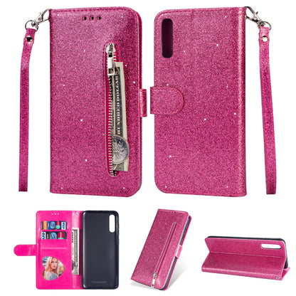 Glitter Powder Zippered Stand Leather Wallet Case with Strap for Samsung Galaxy A70